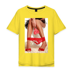 Мужская футболка хлопок Oversize с принтом Леденец и ножки , 100% хлопок | свободный крой, круглый ворот, “спинка” длиннее передней части | Тематика изображения на принте: candy | девушка с леденцом | девушкам | для девушек | леденец