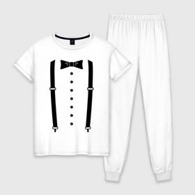 Женская пижама хлопок с принтом Gentleman , 100% хлопок | брюки и футболка прямого кроя, без карманов, на брюках мягкая резинка на поясе и по низу штанин | галстук | костюм | одежда | подтяжки | рубашка