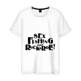 Мужская футболка хлопок с принтом Sex fishing & rock`n`roll , 100% хлопок | прямой крой, круглый вырез горловины, длина до линии бедер, слегка спущенное плечо. | Тематика изображения на принте: для рыбака | рыбалка