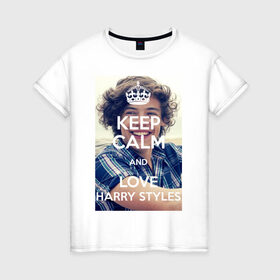 Женская футболка хлопок с принтом Keep calm and love Harry Styles , 100% хлопок | прямой крой, круглый вырез горловины, длина до линии бедер, слегка спущенное плечо | 1d | harry styles | keep calm | music | one direction | гарри стайлс