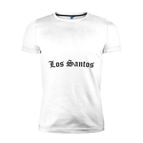 Мужская футболка премиум с принтом Los Santos , 92% хлопок, 8% лайкра | приталенный силуэт, круглый вырез ворота, длина до линии бедра, короткий рукав | Тематика изображения на принте: gta | los santos | гта | игры | лос сантос