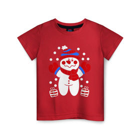 Детская футболка хлопок с принтом Снеговик в снегу , 100% хлопок | круглый вырез горловины, полуприлегающий силуэт, длина до линии бедер | Тематика изображения на принте: новый год | снеговик