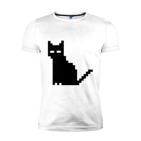 Мужская футболка премиум с принтом Пиксельный котик , 92% хлопок, 8% лайкра | приталенный силуэт, круглый вырез ворота, длина до линии бедра, короткий рукав | Тематика изображения на принте: 90 | cat | kitten | kitty | pixel | кот | котейка | котик | котики | пиксель