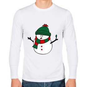 Мужской лонгслив хлопок с принтом Снеговик , 100% хлопок |  | зима | новый год | снег | снеговик | шапка | шарф