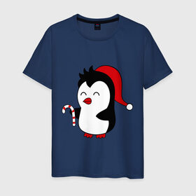 Мужская футболка хлопок с принтом Новогодний пингвин. , 100% хлопок | прямой крой, круглый вырез горловины, длина до линии бедер, слегка спущенное плечо. | пингвин