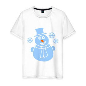 Мужская футболка хлопок с принтом Веселый снеговичек , 100% хлопок | прямой крой, круглый вырез горловины, длина до линии бедер, слегка спущенное плечо. | веселый снеговичек | зима | новый год | снеговик | снеговичек | снежинка