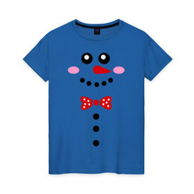 Женская футболка хлопок с принтом Позитивный снеговичек , 100% хлопок | прямой крой, круглый вырез горловины, длина до линии бедер, слегка спущенное плечо | Тематика изображения на принте: новый год | позитивный снеговичек | снег | снеговие | улыбка