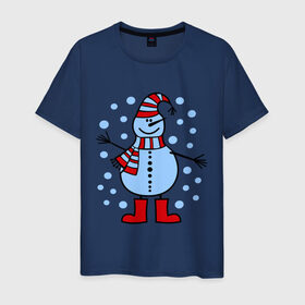 Мужская футболка хлопок с принтом Веселый снеговик , 100% хлопок | прямой крой, круглый вырез горловины, длина до линии бедер, слегка спущенное плечо. | Тематика изображения на принте: веселый снеговик | зима | новый год | снег | снеговик | снежинки