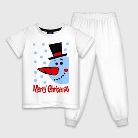 Детская пижама хлопок с принтом Снеговик в цилиндре , 100% хлопок |  брюки и футболка прямого кроя, без карманов, на брюках мягкая резинка на поясе и по низу штанин
 | Тематика изображения на принте: merry christmas | морковка | новогодний подарок | новый год | с новым годом | снег | снеговик | снежинки | цилиндр