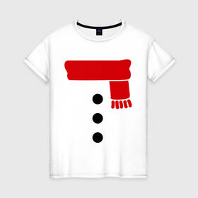 Женская футболка хлопок с принтом Снеговик, пуговицы и шарф , 100% хлопок | прямой крой, круглый вырез горловины, длина до линии бедер, слегка спущенное плечо | новогодние подарки | новогодний подарок | новый год | снег | снеговик | шарф