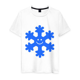 Мужская футболка хлопок с принтом Веселая снежинка , 100% хлопок | прямой крой, круглый вырез горловины, длина до линии бедер, слегка спущенное плечо. | Тематика изображения на принте: веселая снежинка | идеи подарков | новый год 2014 | смайл