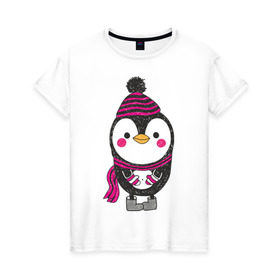 Женская футболка хлопок с принтом Пингвин в валенках , 100% хлопок | прямой крой, круглый вырез горловины, длина до линии бедер, слегка спущенное плечо | merry christmas | в шапке | валенки | новогодний подарки | новый год | пингвиненок | пингвинчик | с новым годом | шапка | шарф