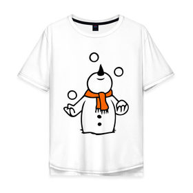 Мужская футболка хлопок Oversize с принтом Снеговик играет в снежки. , 100% хлопок | свободный крой, круглый ворот, “спинка” длиннее передней части | новый год | новый год 2014 | подарки | снег | снеговик | снеговик играет в снежки | снежки