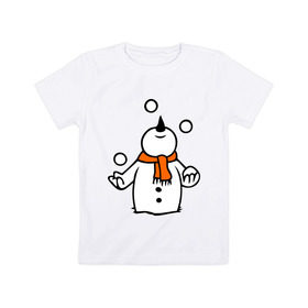 Детская футболка хлопок с принтом Снеговик играет в снежки. , 100% хлопок | круглый вырез горловины, полуприлегающий силуэт, длина до линии бедер | новый год | новый год 2014 | подарки | снег | снеговик | снеговик играет в снежки | снежки