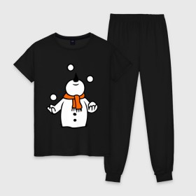 Женская пижама хлопок с принтом Снеговик играет в снежки. , 100% хлопок | брюки и футболка прямого кроя, без карманов, на брюках мягкая резинка на поясе и по низу штанин | новый год | новый год 2014 | подарки | снег | снеговик | снеговик играет в снежки | снежки