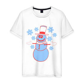 Мужская футболка хлопок с принтом Снеговик , 100% хлопок | прямой крой, круглый вырез горловины, длина до линии бедер, слегка спущенное плечо. | Тематика изображения на принте: 2014 | веселый снеговичек | зима | новый год | свет | снег | снеговик | снеговичек | снежинка