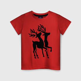 Детская футболка хлопок с принтом Новогодние олени. , 100% хлопок | круглый вырез горловины, полуприлегающий силуэт, длина до линии бедер | 2014 | новогодние олени | новый год | подарки | упряжка