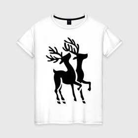 Женская футболка хлопок с принтом Новогодние олени. , 100% хлопок | прямой крой, круглый вырез горловины, длина до линии бедер, слегка спущенное плечо | 2014 | новогодние олени | новый год | подарки | упряжка