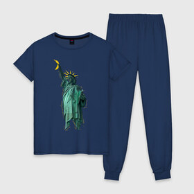 Женская пижама хлопок с принтом Статуя свободы , 100% хлопок | брюки и футболка прямого кроя, без карманов, на брюках мягкая резинка на поясе и по низу штанин | банан