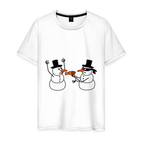 Мужская футболка хлопок с принтом Снеговик грабитель , 100% хлопок | прямой крой, круглый вырез горловины, длина до линии бедер, слегка спущенное плечо. | Тематика изображения на принте: идеи подарков | с новым годом | снеговик грабитель | снеговики | снеговики бандиты | фен