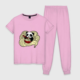 Женская пижама хлопок с принтом панда ест лапшу , 100% хлопок | брюки и футболка прямого кроя, без карманов, на брюках мягкая резинка на поясе и по низу штанин | панда