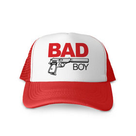 Кепка тракер с сеткой с принтом Bad boy (плохой парень) , трикотажное полотно; задняя часть — сетка | длинный козырек, универсальный размер, пластиковая застежка | Тематика изображения на принте: bad boy