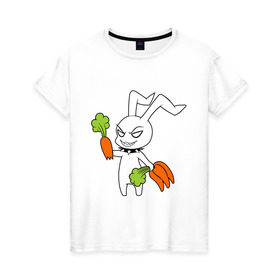 Женская футболка хлопок с принтом Злой зайчик , 100% хлопок | прямой крой, круглый вырез горловины, длина до линии бедер, слегка спущенное плечо | животные | зайка | злой зайчик | кролик | морковка | прикольные картинки
