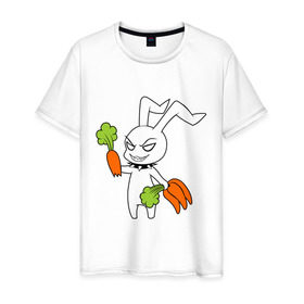 Мужская футболка хлопок с принтом Злой зайчик , 100% хлопок | прямой крой, круглый вырез горловины, длина до линии бедер, слегка спущенное плечо. | животные | зайка | злой зайчик | кролик | морковка | прикольные картинки