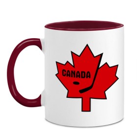 Кружка двухцветная с принтом Canada hockey (Канадский хоккей) , керамика | объем — 330 мл, диаметр — 80 мм. Цветная ручка и кайма сверху, в некоторых цветах — вся внутренняя часть | canada hockey | калиновый лист | канадский хоккей | спорт | хоккей