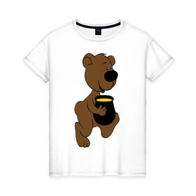 Женская футболка хлопок с принтом Мишка с медом , 100% хлопок | прямой крой, круглый вырез горловины, длина до линии бедер, слегка спущенное плечо | животные | мед | медвежонок | мишка | мишка с медом