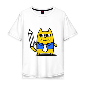 Мужская футболка хлопок Oversize с принтом Деловой котик , 100% хлопок | свободный крой, круглый ворот, “спинка” длиннее передней части | Тематика изображения на принте: бизнесмен | карандаш | кот