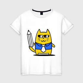 Женская футболка хлопок с принтом Деловой котик , 100% хлопок | прямой крой, круглый вырез горловины, длина до линии бедер, слегка спущенное плечо | бизнесмен | карандаш | кот