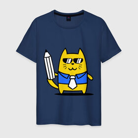 Мужская футболка хлопок с принтом Деловой котик , 100% хлопок | прямой крой, круглый вырез горловины, длина до линии бедер, слегка спущенное плечо. | Тематика изображения на принте: бизнесмен | карандаш | кот