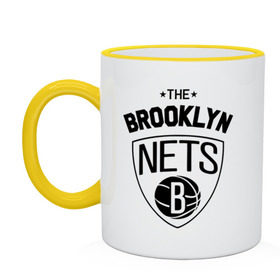 Кружка двухцветная с принтом The Brooklyn Nets , керамика | объем — 330 мл, диаметр — 80 мм. Цветная ручка и кайма сверху, в некоторых цветах — вся внутренняя часть | Тематика изображения на принте: бруклин