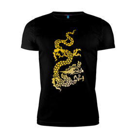 Мужская футболка премиум с принтом Золотой дракон , 92% хлопок, 8% лайкра | приталенный силуэт, круглый вырез ворота, длина до линии бедра, короткий рукав | Тематика изображения на принте: дракон | золотой | китайский | тату