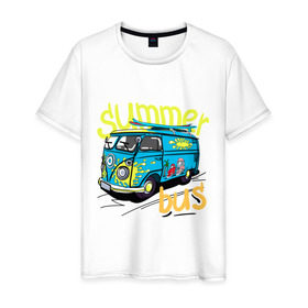 Мужская футболка хлопок с принтом Summer bus , 100% хлопок | прямой крой, круглый вырез горловины, длина до линии бедер, слегка спущенное плечо. | summer bus | автобус | автомобиль | доска | лето | машина | серфинг