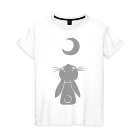 Женская футболка хлопок с принтом Зайчик смотрит на луну , 100% хлопок | прямой крой, круглый вырез горловины, длина до линии бедер, слегка спущенное плечо | зайчик | заяц | кролик | луна | месяц | полумесяц