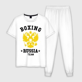 Мужская пижама хлопок с принтом Boxing Russia Team , 100% хлопок | брюки и футболка прямого кроя, без карманов, на брюках мягкая резинка на поясе и по низу штанин
 | Тематика изображения на принте: boxing | russia | team | бокс | герб | орел | россия | русский
