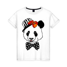 Женская футболка хлопок с принтом Панда с маками , 100% хлопок | прямой крой, круглый вырез горловины, длина до линии бедер, слегка спущенное плечо | бабочка | галстук | мак | медведь | панда | цветы | шляпа