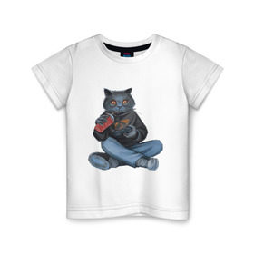 Детская футболка хлопок с принтом Кот геймер , 100% хлопок | круглый вырез горловины, полуприлегающий силуэт, длина до линии бедер | Тематика изображения на принте: джойстик | игрок | кола | контроллер | кот