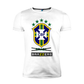 Мужская футболка премиум с принтом Сборная Бразилии по футболу , 92% хлопок, 8% лайкра | приталенный силуэт, круглый вырез ворота, длина до линии бедра, короткий рукав | Тематика изображения на принте: brazzers | бразилия