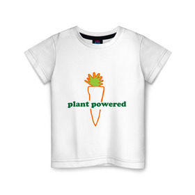Детская футболка хлопок с принтом Vegetarian plant powered , 100% хлопок | круглый вырез горловины, полуприлегающий силуэт, длина до линии бедер | Тематика изображения на принте: carrot | plant | power | vegan. vegeterian | веган | вегетарианец | заряжен | морковь | овощи | растение | сила | фрукты