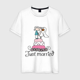 Мужская футболка хлопок с принтом Just Married - Свадебный торт , 100% хлопок | прямой крой, круглый вырез горловины, длина до линии бедер, слегка спущенное плечо. | just married | молодожены | свадебный торт | торт