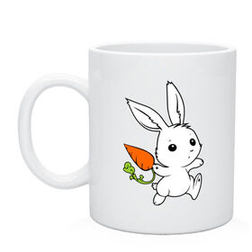 Кружка с принтом Зайка с морковкой , керамика | объем — 330 мл, диаметр — 80 мм. Принт наносится на бока кружки, можно сделать два разных изображения | Тематика изображения на принте: белый | зайка | заяц | кролик | милый | морковь