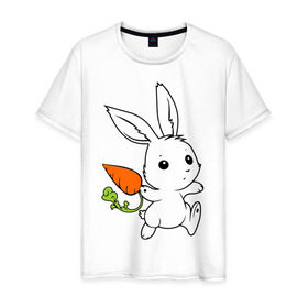 Мужская футболка хлопок с принтом Зайка с морковкой , 100% хлопок | прямой крой, круглый вырез горловины, длина до линии бедер, слегка спущенное плечо. | белый | зайка | заяц | кролик | милый | морковь