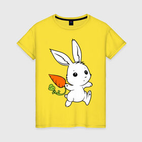 Женская футболка хлопок с принтом Зайка с морковкой , 100% хлопок | прямой крой, круглый вырез горловины, длина до линии бедер, слегка спущенное плечо | белый | зайка | заяц | кролик | милый | морковь