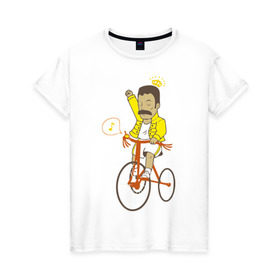 Женская футболка хлопок с принтом Фредди на велосипеде , 100% хлопок | прямой крой, круглый вырез горловины, длина до линии бедер, слегка спущенное плечо | queen | велосипед | меломанам | музыка | прикол | рок | фрэдди меркьюри