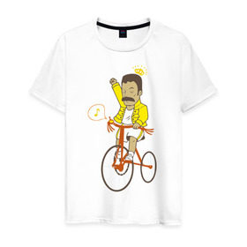 Мужская футболка хлопок с принтом Фредди на велосипеде , 100% хлопок | прямой крой, круглый вырез горловины, длина до линии бедер, слегка спущенное плечо. | queen | велосипед | меломанам | музыка | прикол | рок | фрэдди меркьюри