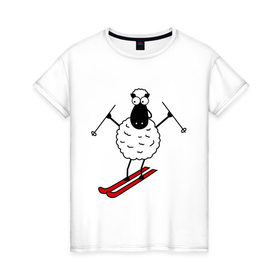 Женская футболка хлопок с принтом Овечка на лыжах , 100% хлопок | прямой крой, круглый вырез горловины, длина до линии бедер, слегка спущенное плечо | баран | год | гороскоп | зима | китайский | лыжи | новый год | овен | овца | снег