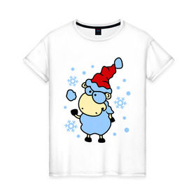 Женская футболка хлопок с принтом Барашек и снежок , 100% хлопок | прямой крой, круглый вырез горловины, длина до линии бедер, слегка спущенное плечо | барашек | зима | игра | новый год | овечка | овца | снег | снежки | снежок | шапка